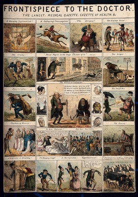 Twenty five medical conditions humourously illustrated. Coloured etching.