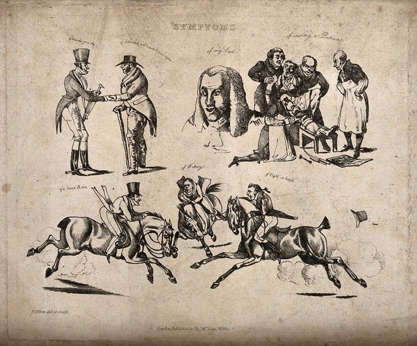 Aspects of life expressed as symptoms. Soft-ground etching by H. Alken, 1822, after himself.