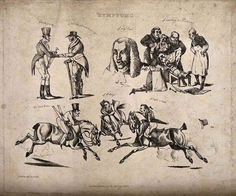 Aspects of life expressed as symptoms. Soft-ground etching by H. Alken, 1822, after himself., 1822, by Henry Thomas Alken