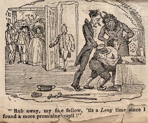 view A devil overseeing a man having his back scrubbed; representing John St. John Long and his fatal method of treatment.