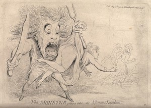 view "The monster" (Renwick Williams) attacking a woman with a knife and fork. Etching by J. Gillray, 1790.