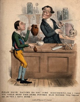 A boy requesting an anatomist to mend his broken jug. Coloured lithograph.