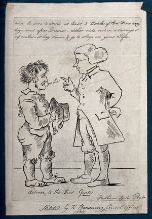 view A doctor advising a poor and wretched looking man, his recommendations revealing his ignorance of the social circumstances of the patient. Etching after R. Browning, 1830.