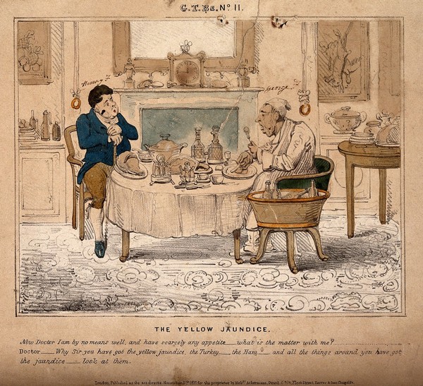 A man surrounded by a feast while professing to have no appetite, his doctor observing how yellow he and his surroundings appear; suggesting the man's jaundiced view of life. Coloured lithograph, 1835.