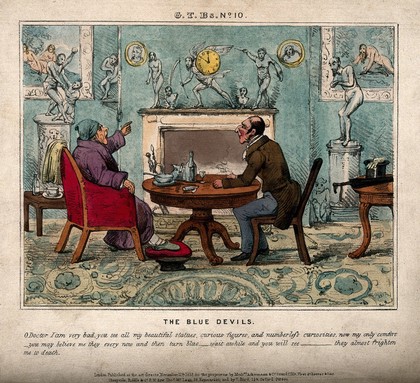 A gouty man surrounded by his collection of artefacts, telling his doctor how they keep turning blue; suggesting the man's melancholic loneliness. Coloured lithograph, 1835.