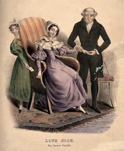 A baffled doctor taking the pulse of a love-sick young woman, her maid slips a billet-doux secretly into her hand. Coloured lithograph.