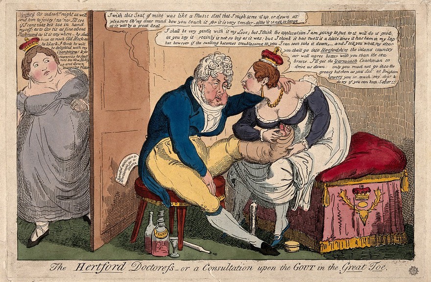 King George IV having his gouty foot massaged by his mistress Marchioness of Hertford while his wife Queen Caroline listens in the doorway. Coloured etching, ca. 1820.