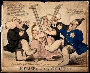 view Two old gouty men dancing with bandaged legs, an old nurse is holding their crutches, behind her is a gleeful doctor. Coloured aquatint, 1801.