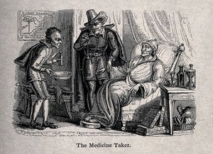 view A doctor taking the pulse of a grave looking patient, his servant holds a bottle and bowl. Reproduction of a wood engraving.