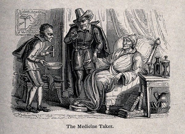 A doctor taking the pulse of a grave looking patient, his servant holds a bottle and bowl. Reproduction of a wood engraving.