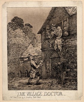 An angry doctor in night clothes shouting at an alarmed man. Etching by T. Rowlandson, 1774, after H. Wigstead.