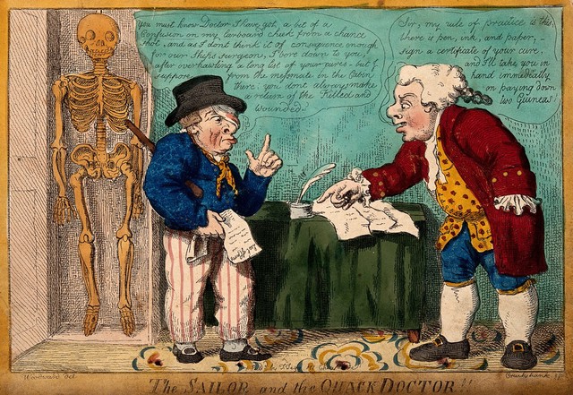 A sailor with a bandaged eye consulting a mercenary medical practitioner. Coloured etching by I. Cruikshank, 1807?, after G.M. Woodward.