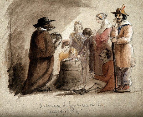 A bear wearing a hat and a cloak, selling pills to a group of country folk in Leipzig. Watercolour.