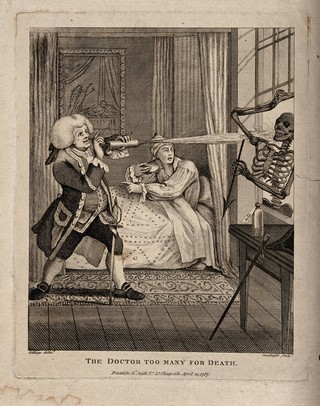 A doctor holding death at bay from his patient: illustrated by him squirting a syringe at a skeletal figure entering via the window. Line engraving by N. Goodnight, 1787, after S. Collings.