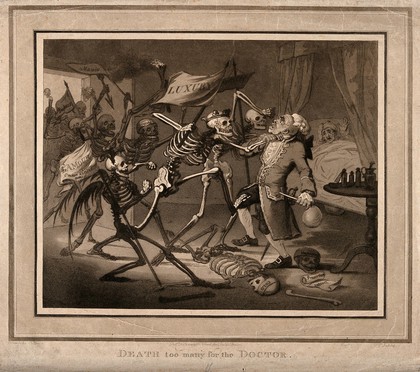 A doctor failing to hold death at bay from his patient; represented by a group of skeletal death figures one of whom is grabbing the doctor by the throat, the terrified patient looks on. Aquatint by F. Jukes, 1803, after S. Collings.