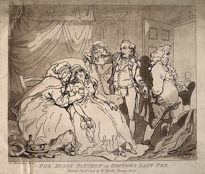 A woman dying in the arms of her family, an unhappy doctor leaves the room realising that it is his final payment. Aquatint by T. Rowlandson, 1786.