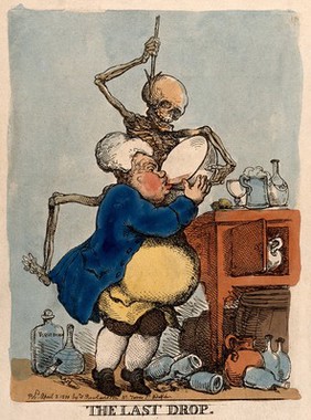 A man drinking himself to death; represented by a skeletal death figure above him and bottles scattered all around. Coloured etching by T. Rowlandson, 1811.