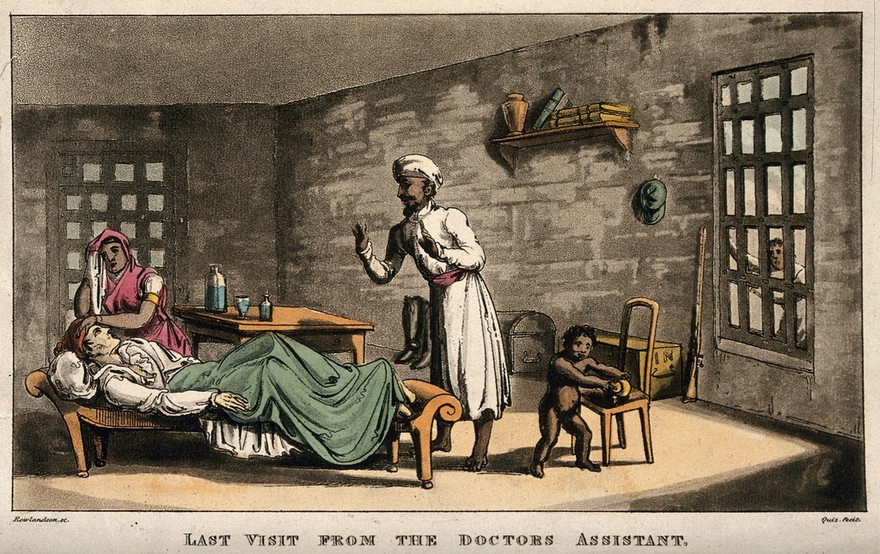 Qui Hi alias Lieutenant Johnny Newcome on his death bed in prison, attended by his mistress and child and the doctor's assistant. Coloured aquatint by Quiz, 1816, after T. Rowlandson.