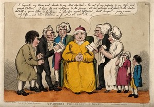 view A farmer telling his family, a doctor, a vicar and a lawyer his last will and testament. Coloured etching by H.W. Bunbury, 1809?, after G.M. Woodward.