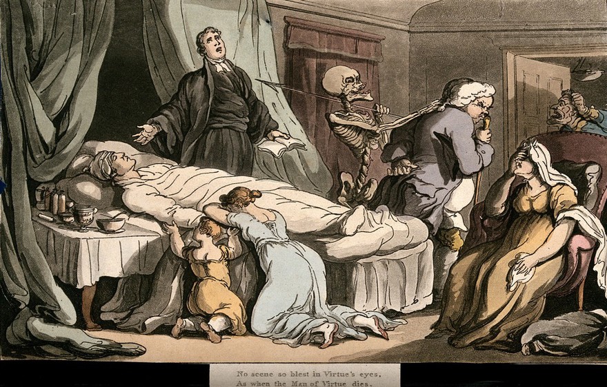 Death's triumph over a much loved family man; illustrated by a skeletal death figure pulling the hair of the retreating doctor. Coloured aquatint after T. Rowlandson, 1814, after himself.