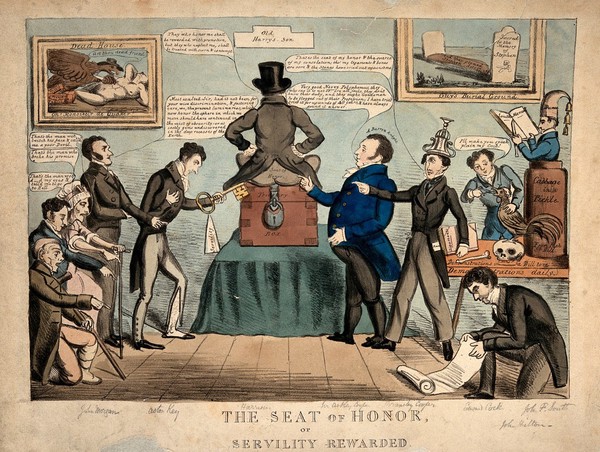 Benjamin Harrison, the autocratic treasurer of Guy's hospital, receiving tributes from Sir Astley Cooper and his associates. Coloured lithograph attributed to R. Cruikshank, ca. 1830.
