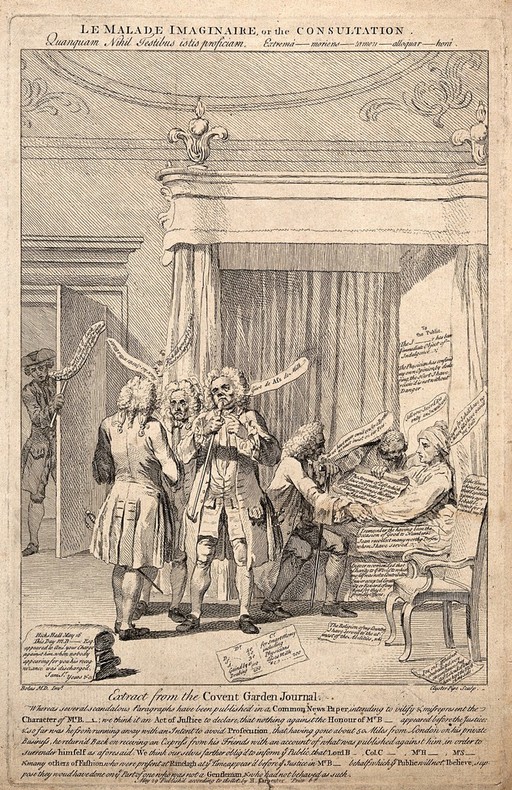 An injured patient, "Dr" John Hill, in bed surrounded by a group of physicians. Etching by Clyster-Pipe after Bolus M.D., 1752.
