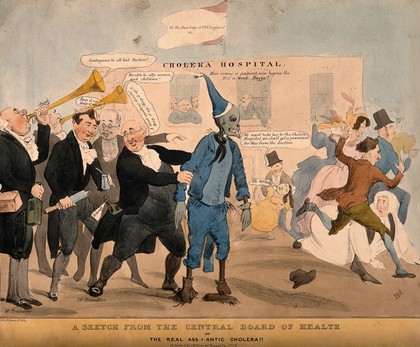 A group of doctors parade a dummy with a skeleton's head representing cholera: a group of people run screaming from it. Coloured lithograph by H. Heath, 1832.