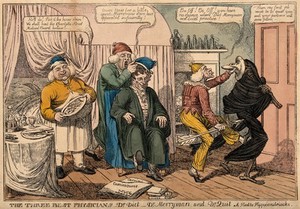 view Three doctors representing diet, cheerfulness and rest, defend their patient from death. Coloured etching by C. Williams, 1813.