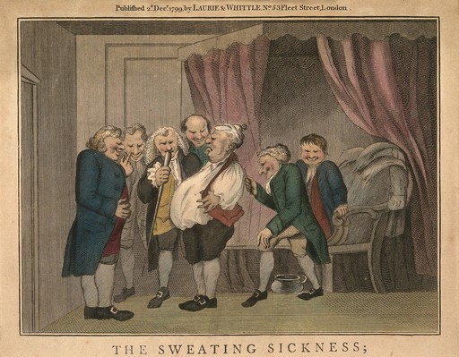 Tom Ruby being tricked by six friends into thinking he is suffering from the 'sweating sickness', thereby missing his feast. Coloured line engraving, 1799, after Nixon?.