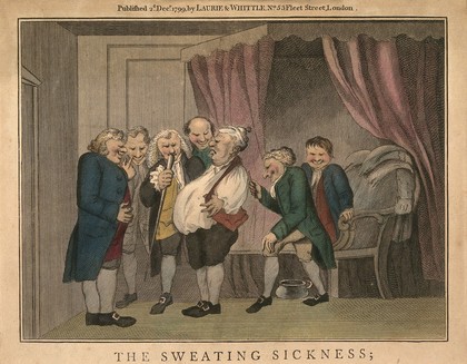 Tom Ruby being tricked by six friends into thinking he is suffering from the 'sweating sickness', thereby missing his feast. Coloured line engraving, 1799, after Nixon (?).