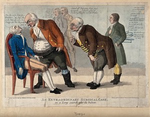 view A gagging man surrounded by confused consultants and medical students. Coloured etching, 1800.