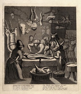 An anatomy lesson in an apothecary shop; represented by anthropomorphic participants. Engraving after Egbert von Heemskerck, ca. 1730-79.