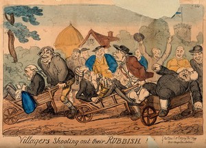 view Country folk pushing a lawyer, a physician and a gouty vicar in wheelbarrows out of their village. Coloured etching by G. Cruikshank, 1819.