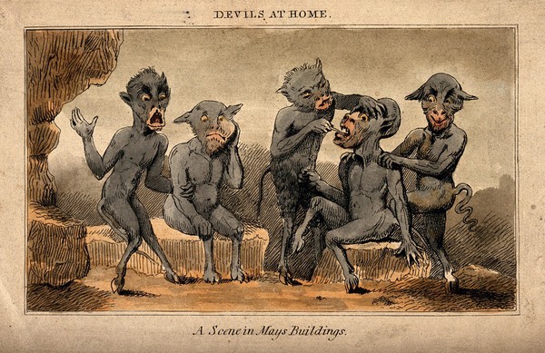 Five demons: one performs dental surgery on another, while another with a swollen mouth waits for attention. Coloured etching.