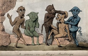 view Dental operations with five demons: one being operated on, another about to be. Coloured etching.