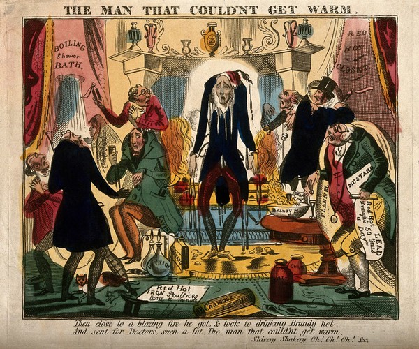 A patient suffering perpetual coldness surrounded by perplexed physicians attempting their cures. Coloured soft-ground etching.