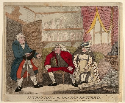 A man interrupting a doctor's misconduct with a young female patient. Coloured etching by T. Rowlandson?, 1786.