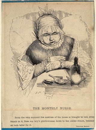 A monthly nurse, who looks after a mother and a newborn baby for the first month after the birth. Wood engraving by Orrin Smith, ca. 1840, after Kenny Meadows.