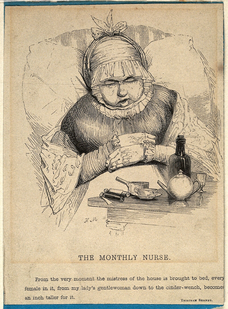 A monthly nurse, who looks after a mother and a newborn baby for the first month after the birth. Wood engraving by Orrin Smith, ca. 1840, after Kenny Meadows., 1840, by Kenny Meadows