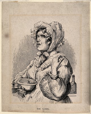 A nurse carrying a bowl and candle-stick. Wood engraving by J. Orrin Smith after J. Kenny Meadows, 1840.