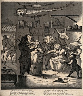 A barber-surgeons shop with animals in place of humans. Engraving, c. 1730, after E. van Heemskerck.