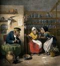 view Interior of a phlebotomist's shop with anthropomorphic participants. Coloured lithograph by J.D. Harding after E. Bristowe.