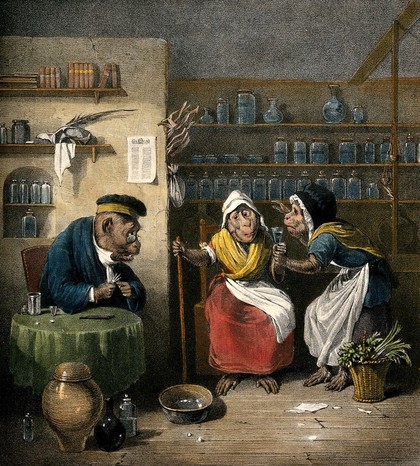 Interior of a phlebotomist's shop with anthropomorphic participants. Coloured lithograph by J.D. Harding after E. Bristowe.