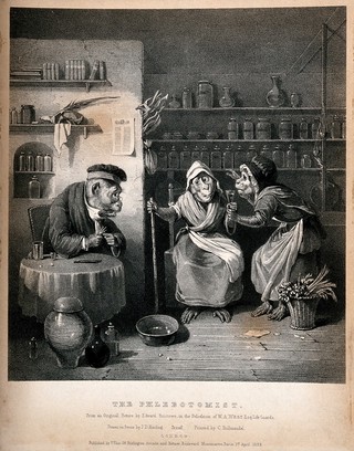 Interior of a phlebotomist's shop with anthropomorphic participants. Lithograph by J.D. Harding, 1828, after E. Bristow.