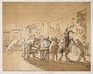 view An interior of a games room: anthropomorphic figures playing, drinking, and smoking. Colour lithograph.