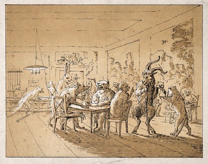 An interior of a games room: anthropomorphic figures playing, drinking, and smoking. Colour lithograph.