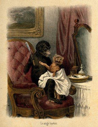 A barber about to shave an unwilling client with anthropomorphic participants. Reproduction of a coloured lithograph by Y.G.