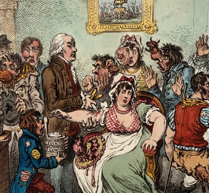 Edward Jenner vaccinating patients in the Smallpox and Inoculation Hospital at St. Pancras: the patients develop features of cows. Coloured etching by J. Gillray, 1802.