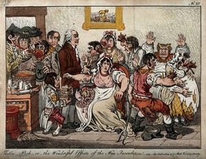 view Edward Jenner vaccinating patients in the Smallpox and Inoculation Hospital at St. Pancras: the patients develop features of cows. Coloured etching, 1803, after J. Gillray, 1802.