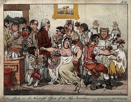 Edward Jenner among patients in the Smallpox and InoculationColoured etching after J. Gillray, 1802.